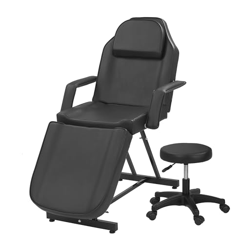 HaiYiZuhause Massage Liege mit Hocker, Verstellbarer Kosmetikstuhl mit hydraulischer Höhenverstellung, Rückenlehne & Beinauflage, Profi Massageliege für Tattoo, Wimpern, Kosmetikstudio, Schwarz von HaiYiZuhause