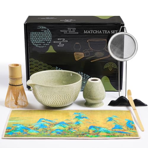 Matcha Set | Matcha Tee Set 7 Stück - mit Matcha Besen und Besenhalter, Schale mit Ausgießer, Matcha Löffel und Halterung, Sieb, Tuch | Zubehör für die Matcha Ceremonial Matcha Set | Matcha Tee Set 7 Stück - mit Matcha Besen und Besenhalter, Schale mit Ausgießer, Matcha Löffel und Halterung, Sieb, Tuch | Zubehör für die Matcha Ceremonial von Haiane
