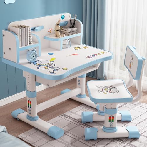 Haibinsuo Schreibtisch Kinder, Ergonomisch kinderschreibtisch kinderschreibtisch höhenverstellbar mit Astronauten-Muster Große Schreibtafel Bücherregal und Schublade für Kinder Lernen Home Office Blau von Haibinsuo