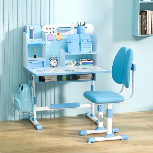 Kinder Studie Schreibtisch Stuhl Set, höhenverstellbar schreibtisch kinder Schule Studie Tisch Stuhl Set mit Sitzkorrektur Ergonomische Schreibtischstuhl mit Buch Stand Fußpedal Partition Design Blau von Haibinsuo