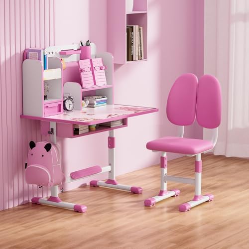 Kinder Studie Schreibtisch Stuhl Set, höhenverstellbar schreibtisch kinder Schule Studie Tisch Stuhl Set mit Sitzkorrektur Ergonomische Schreibtischstuhl mit Buch Stand Fußpedal Partition Design Rosa von Haibinsuo