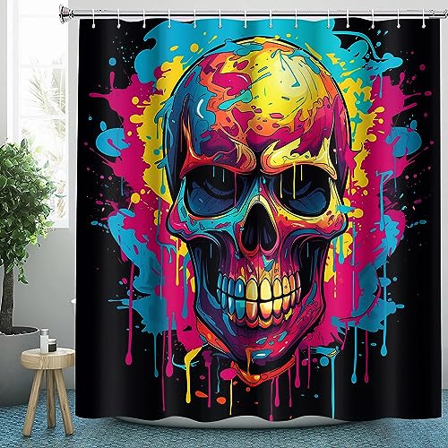 Bunter Totenkopf Duschvorhang 120x200 Texti für Badezimmer, Polyester-Stoff Duschvorhänge Graffiti & Zubehör-Set, Anti-Schimmel, Waschbar, Badewannenvorhang für Badewannen mit 12 Haken von HaidU