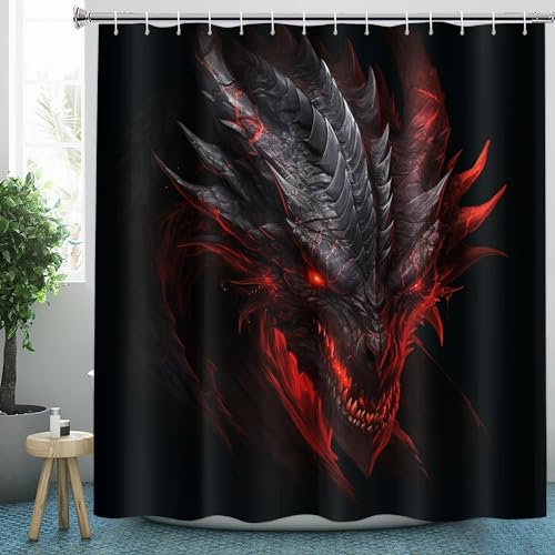 Drachen Duschvorhang 180x200 Textil für Badezimmer, Polyester-Stoff Duschvorhänge Drachen & Zubehör-Set, Anti-Schimmel, Waschbar, Badewannenvorhang für Badewannen mit 12 Haken von HaidU