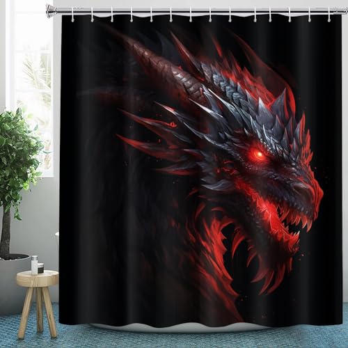 Drachen Duschvorhang 180x200 Textil für Badezimmer, Polyester-Stoff Duschvorhänge Drachen & Zubehör-Set, Anti-Schimmel, Waschbar, Badewannenvorhang für Badewannen mit 12 Haken von HaidU