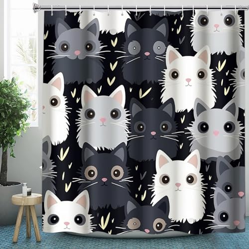 Katze Duschvorhang 150x200 Texti für Badezimmer, Polyester-Stoff Duschvorhänge Cartoon Kinder & Zubehör-Set, Anti-Schimmel, Waschbar, Badewannenvorhang für Badewannen mit 12 Haken von HaidU