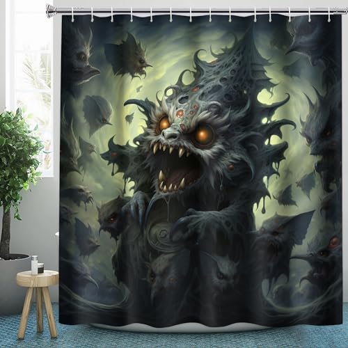 Monster Duschvorhang 120x200 Texti für Badezimmer, Polyester-Stoff Duschvorhänge Dämon & Zubehör-Set, Anti-Schimmel, Waschbar, Badewannenvorhang für Badewannen mit 12 Haken von HaidU