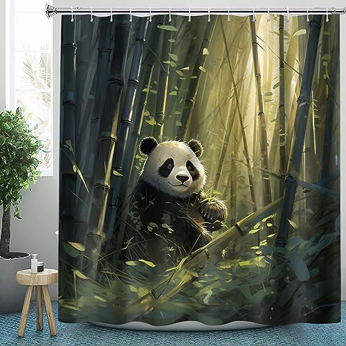 Panda Duschvorhang 150x200 Texti für Badezimmer, Polyester-Stoff Duschvorhänge Süß Tier & Zubehör-Set, Anti-Schimmel, Waschbar, Badewannenvorhang für Badewannen mit 12 Haken von HaidU