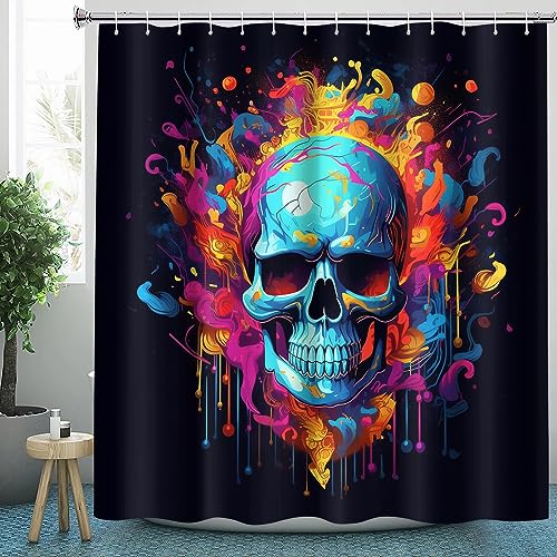 Totenkopf Duschvorhang 120x200 Texti für Badezimmer, Polyester-Stoff Duschvorhänge Aquarell & Zubehör-Set, Anti-Schimmel, Waschbar, Badewannenvorhang für Badewannen mit 12 Haken von HaidU
