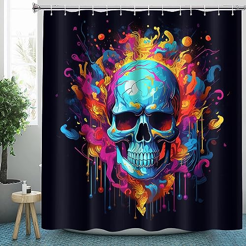 Totenkopf Duschvorhang 200x200 Textil für Badezimmer, Polyester-Stoff Duschvorhänge Aquarell & Zubehör-Set, Anti-Schimmel, Waschbar, Badewannenvorhang für Badewannen mit 12 Haken von HaidU