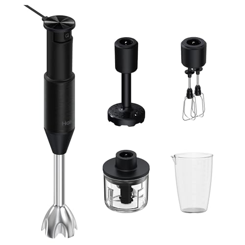 Haier Stabmixer 4-in-1 mit Messbecher, Quirl, Stampfer, Zerkleinerer I 1000W Pürierstab aus Edelstahl mit variabler Geschwindigkeit & 3 Klingen I abnehmbarer Fuß I Pulsfunktion [Serie 5 - HHB5B5] von Haier