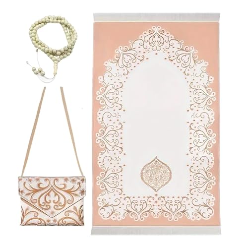 Haiki Muslims Gebetsteppich Mit Tasbih Perlen & Reisetasche Tragbare Islamikmatte Für Eid Ramadans Geschenke Frauen Männer Islamischer Gebet Teppich von Haiki