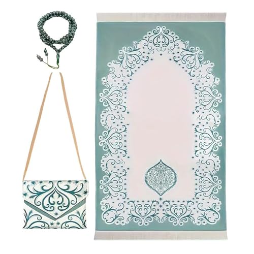 Haiki Muslims Gebetsteppich Mit Tasbih Perlen & Reisetasche Tragbare Islamikmatte Für Eid Ramadans Geschenke Frauen Männer Islamischer Gebet Teppich von Haiki