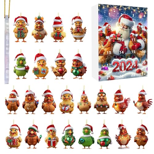 Adventskalender Huhn Weihnachten | 24 Türchen Mit Süßen Hühner-Anhängern Countdown Kalender - 2D Acrylic Flachanhänger Huhn Charm Für Christbaumschmuck Wanddekoration Auto-Innenspiegel von Hailerio