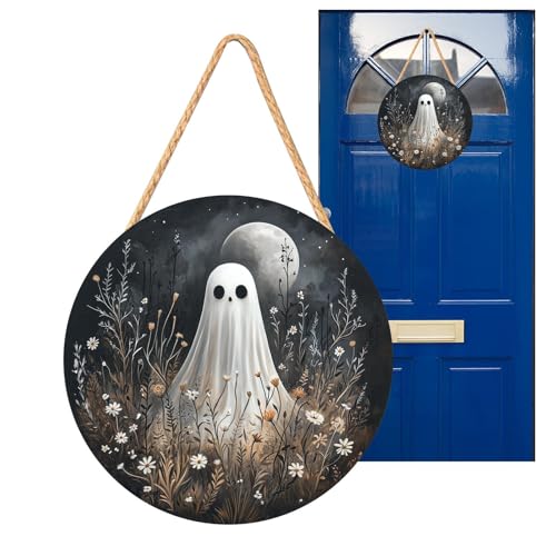 Fröhliches Halloween Türschild - Holz Halloween Wandschild 2D | Wanddeko für Eingangsbereich Gruseliges Esszimmer mit Geisterhaus Kürbis Weißem Geist von Hailerio