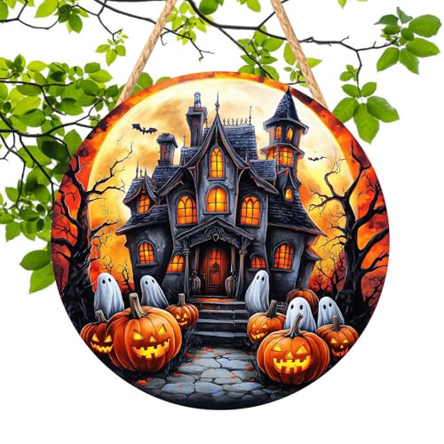 Halloween Türschild Für Haustür,Holz Halloween Wandschild 2D | Wanddeko für Eingangsbereich Gruseliges Esszimmer mit Geisterhaus Kürbis Weißem Geist von Hailerio