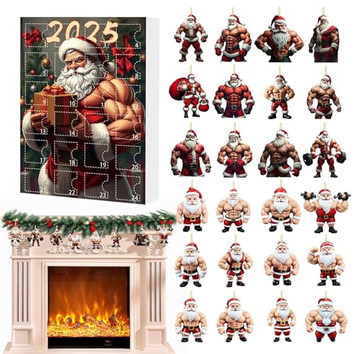 Weihnachts Advents Spielzeug 2025,24 Tage 2D Acryl Bodybuilder Santa Ornament Countdown Kalender für Kinder - Niedlicher Weihnachtsanhänger Für Frauen Männer Jugendliche Mädchen Familie von Hailerio