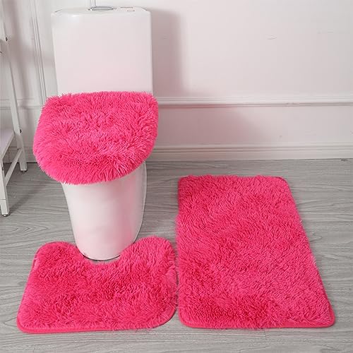 Badezimmerteppich Set 3 teilig,Duschmatten Contour Badteppich,Toilettensitzbezug Combo,Rutschfest Waschbar Badvorleger Set,Kunstfell Flauschige Hochflor Saugfähig Badematte Badteppich Set (Rosa) von Hailmkont