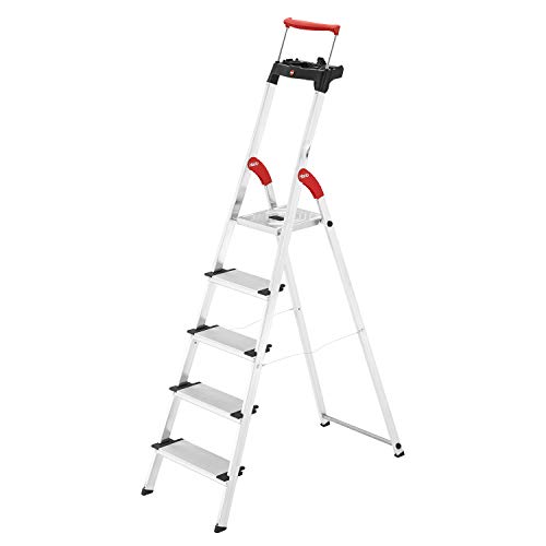 Hailo L85 ComfortLine Alu-Sicherheits-Stehleiter | 5 XXL-Stufen belastbar bis 150 kg | Tiefe Standfläche & Haltegriff |Stehleiter mit Ablage | Aluleiter Made in Germany | Leiter rostfrei | Silber von Hailo