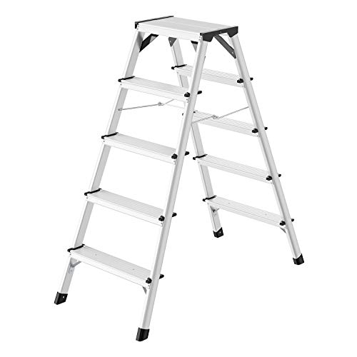 Hailo D60 StandardLine Alu-Doppelstufenleiter - 2x5 Stufen bis 150 kg - Leiter mit Spreizsicherung - Füße mit Soft-Grip-Sohle - mit stabilen Eckversteifungen - Alu Bockleiter rostfrei - Silber Hailo D60 StandardLine Alu-Doppelstufenleiter - 2x5 Stufen bis 150 kg - Leiter mit Spreizsicherung - Füße mit Soft-Grip-Sohle - mit stabilen Eckversteifungen - Alu Bockleiter rostfrei - Silber von Hailo