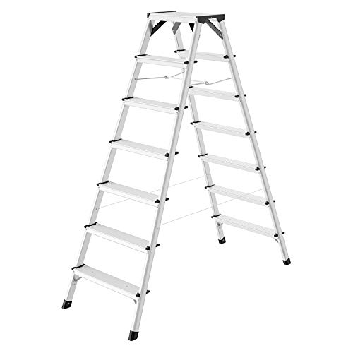 Hailo D60 StandardLine Alu-Doppelstufenleiter - 2x7 Stufen bis 150 kg - Leiter mit Spreizsicherung - Füße mit Soft-Grip-Sohle - mit stabilen Eckversteifungen - Alu Bockleiter rostfrei - Silber von Hailo