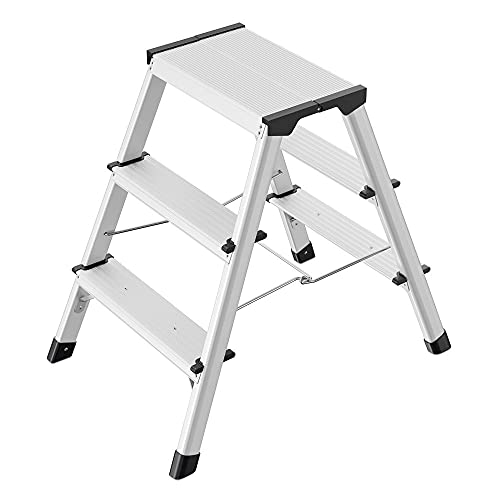 Hailo D60 StandardLine Alu-Klapptritt-Leiter - 2x3 Stufen belastbar bis 150 kg - Trittleiter mit Klappsperre - Füße mit Soft-Grip-Sohle - platzsparend zusammenklappbar - Aluleiter rostfrei - Silber von Hailo