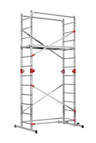 Hailo G60 Alu Multifunktionsgerüst - 2 x 12 Sprossen belastbar bis 150 kg/m2 - Plattform mit Durchstiegsluke - fahrbares Alu Gerüst - verwendbar als Anlegeleiter, Doppelleiter, Baugerüst - Silber von Hailo
