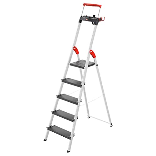 Hailo L100 Topline Alu-Sicherheits-Stehleiter - 5 XXL-Stufen bis 150 kg - Stehleiter mit ausziehbarem Haltebügel, Plattformverriegelung - viel Zubehör - klappbare Aluleiter Made in Germany - schwarz von Hailo
