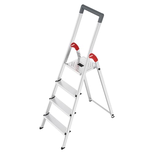 Hailo L51 StandardLine Sicherheits-Stehleiter – mit hochwertigem Sicherheitsbügel und Gelenkschutz - rutschsichere EasyClix Basic-Füße - bis 150 kg belastbar - inkl. integriertem Eimerhaken - Silber von Hailo