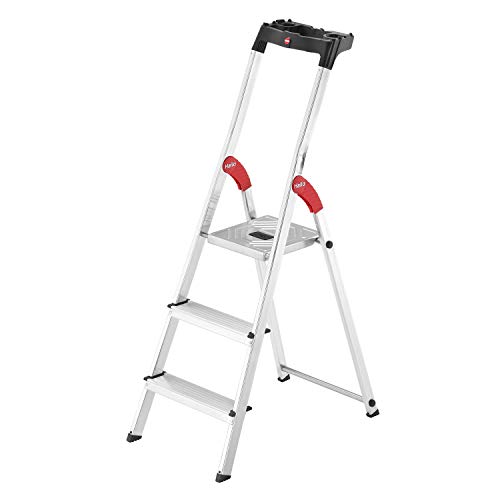 Hailo L60 StandardLine Alu Sicherheits-Stehleiter - klappbare Leiter mit 3 Stufen und Ablageschale - Arbeitshöhe bis 263 cm - Gewicht 3,3 kg - Silber von Hailo