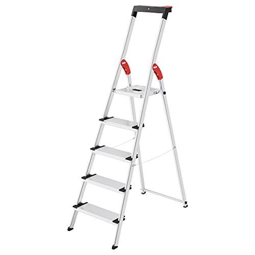 Hailo L75 ComfortLine Alu-Sicherheits-Stehleiter Jubiläumsmodell | 5 XXL-Stufen bis 150 kg | Stehleiter mit Ablagen, Bit-Steckplätzen, Akkuschrauber Halterung | Aluleiter made in Germany | silber von Hailo