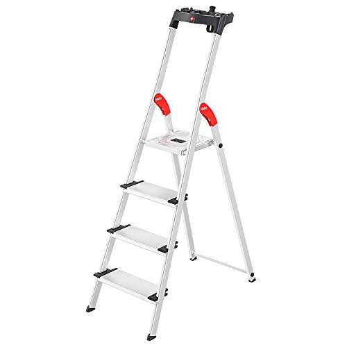 Hailo L80 ComfortLine Alu-Sicherheits-Stehleiter - klappbare Leiter mit 4 XXL Stufen und Ablageschale - Arbeitshöhe bis 285 cm - Gewicht 4,4 kg - Silber von Hailo