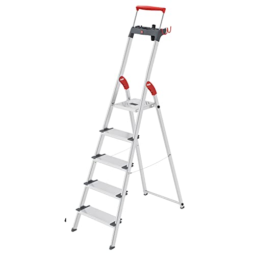 Hailo L84 ComfortLine Alu-Sicherheits-Stehleiter - 5 XXL-Stufen belastbar bis 150 kg - Tiefe Standfläche & Haltegriff - Stehleiter mit Ablage - Aluleiter Made in Germany - Leiter rostfrei - Silber von Hailo