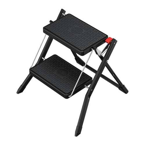 Hailo MK61 Mini Stahl-Trittleiter - 2 große Stufen mit Anti-Rutsch-Matten bis 150kg - Klappsicherung mit Entriegelungstaste - Tragegriff - Klapptrittleiter rostfrei und einfach zu verstauen - schwarz von Hailo