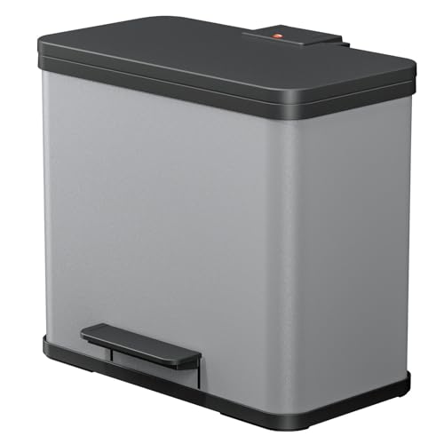 Hailo Öko duo Plus L Tret-Mülltrenner - freistehender 17+9 Liter Doppelmülleimer aus Stahlblech - Mülltrennsystem mit soft close Deckel - 2-fach Abfalltrenner für die Küche - Silber von Hailo