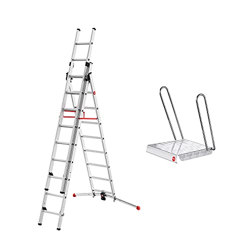 Hailo S100 ProfiLOT 3-teilige Alu-Kombileiter mit Lot-System, gleicht Unebenheiten aus, 2 x 9 + 1 x 8 profilierte Sprossen belastbar bis 150 kg, inkl. Einhängetritt, Leiter rostfrei, Silber von Hailo