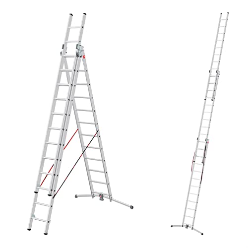 Hailo S98 ProfiLOT 3-teilige Alu-Kombileiter mit Lot-System - gleicht Unebenheiten aus - 3 x 12 profilierte Sprossen belastbar bis 150 kg - inkl. Einhängetritt - Leiter rostfrei - Silber von Hailo