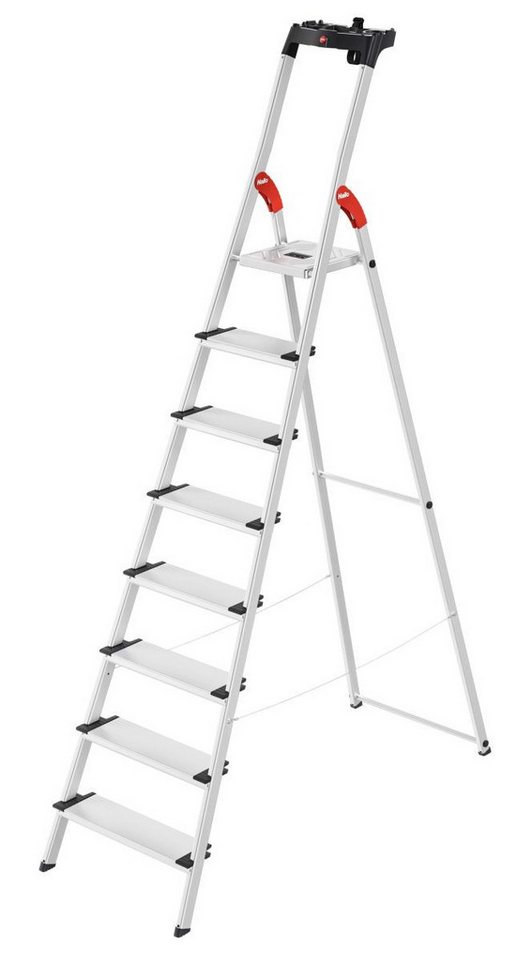 Hailo Stehleiter L80 ComfortLine, 3 bis 8 extra tiefe Stufen, flexible Ablageschale (Set), Rutschfester Steckfuß, Stahl-Plattform, parallele Holme von Hailo