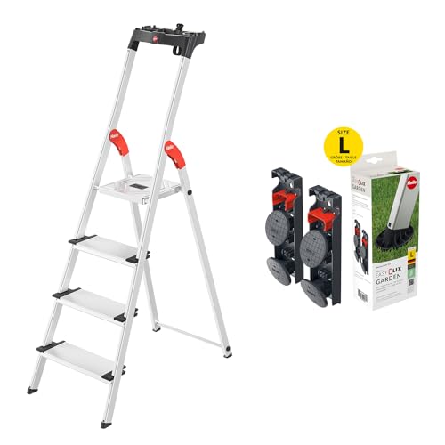 Hailo Stehleiter L80 ComfortLine im Set mit EasyClix Garden Size L - klappbare Aluleiter mit 4 XXL-Sicherheits-Stufen - belastbar bis 150 kg - Wechselfuß-Set für stabilen Stand auf weichem Untergrund von Hailo