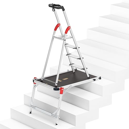 Hailo Stehleiter L80 ComfortLine im Set mit TP1 Treppenpodest - klappbare Aluleiter mit 4 XXL-Sicherheits-Stufen - Arbeitsplattform mit stabilem Rahmen aus Aluminium - belastbar bis 150 kg von Hailo