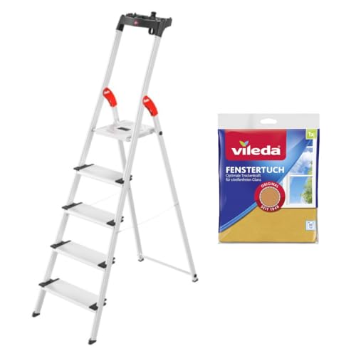 Hailo Stehleiter L80 ComfortLine mit 5 Stufen + Vileda Fenstertuch, belastbar bis 150 kg, Leiter aus Aluminium mit Ablageschale, klappbar, mit Anti‐Rutsch‐Füßen und Eimerschlaufe, Made in Germany von Hailo