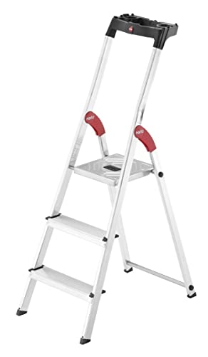 Hailo Stehleiter StandardLine 3 Stufen, belastbar bis 150 kg, kleine Leiter aus Aluminium mit Ablage & stabiler Holmführung, klappbare Aluleiter rostfrei, silber, aktuelles Modell L60, Made in Germany von Hailo