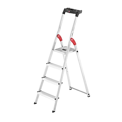 Hailo Stehleiter StandardLine 4 Stufen, belastbar bis 150 kg, kleine Leiter aus Aluminium mit Ablage & stabiler Holmführung, klappbare Aluleiter rostfrei, silber, aktuelles Modell L60, Made in Germany von Hailo