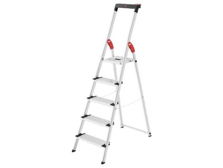 Hailo Trittleiter L75 JUBILÄUM-SICHERHEITSLEITER COMFORTLINE, ALU-HAUSHALTSLEITER MIT 5, Multifunktionsablage, XXL-Stufen, Clip-System von Hailo