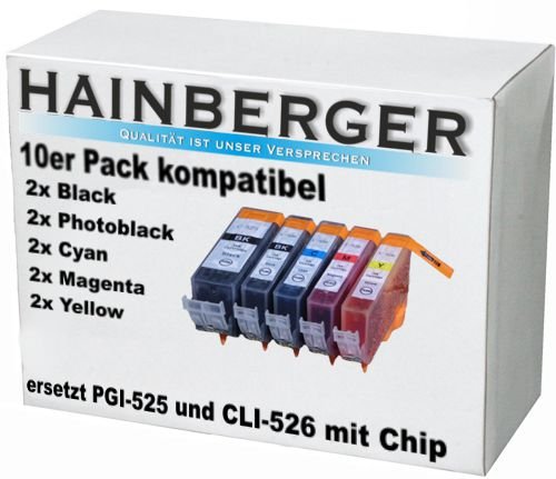 10 Druckerpatronen mit Chip für Canon, ersetzt PGI-525BK CLI-526BK CLI-526C CLI-526M CLI-526Y von Hainberger