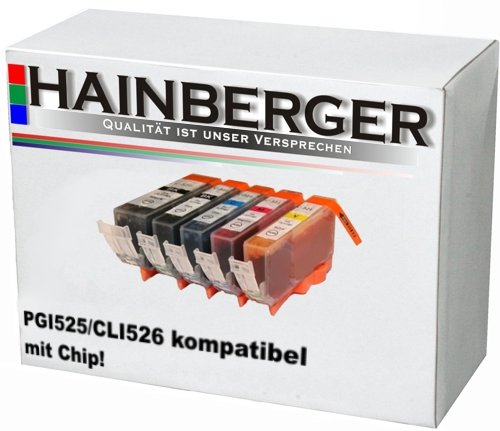 5 Druckerpatronen mit Chip für Canon, ersetzt PGI-525BK CLI-526BK CLI-526C CLI-526M CLI-526Y , sch(525BK) sch(526BK) blau(526) rot(526M) gelb(526Y) von Hainberger