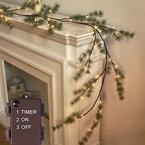 Hairui beleuchtete Kiefer Girlande Batterie betrieben mit Timer 6FT 48 Lichtern, Weihnachtsgirlande mit Lichtern für Indoor Outdoor Home Holiday Dekoration von Hairui