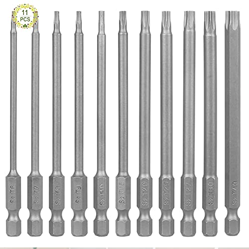 Haisheng 11 Stück Torx Bits Schraubendreher Set Extra lang Magnetische Schraubendreher 100mm Torx mit loch Sechskant-Schaft Schraubenzieher Elektrischer Schraubendreher T6-T40 S2 Stahl Sternenkopf von Haisheng