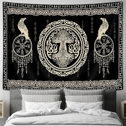 Hajmsug Wikinger-Wandteppich, schwarz-weißer Baum, Vogel der Weisheit, keltische Rune, Totem, nordische Mythologie, mittelalterliche Wikingerwandkunst, ästhetische Mythologie, Wandteppich für Hajmsug Wikinger-Wandteppich, schwarz-weißer Baum, Vogel der Weisheit, keltische Rune, Totem, nordische Mythologie, mittelalterliche Wikingerwandkunst, ästhetische Mythologie, Wandteppich für von Hajmsug