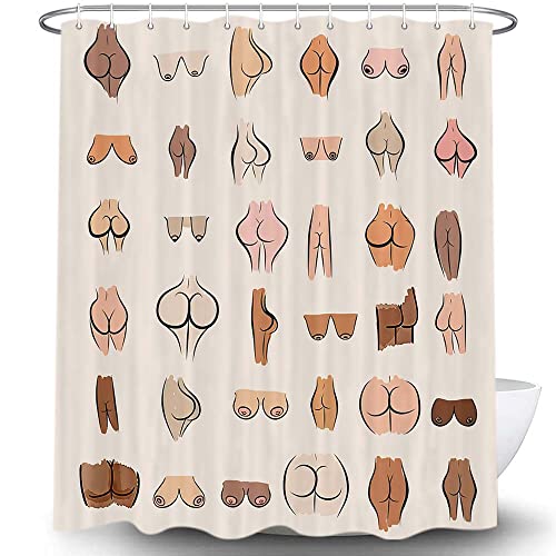 Lustiger Duschvorhang, lustiger Hintern sexy lustige Brüste Stoff Duschvorhänge Set, weiß WC Kunst Dekor Zubehör wasserdicht mit Haken 175,3 x 182,9 cm von Hajmsug