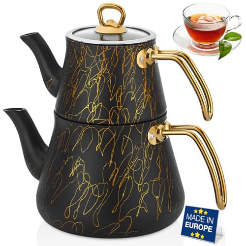 Hakan Avangarde Teekannen-Set, Granit, hält Hitze, Herdplatte, Edelstahlgriff, türkische schwarze Teekannen mit goldfarbenen Details, 1,2 l Teekanne mit Deckel und 2,6 l (goldfarbene Griffe) in von Hakan